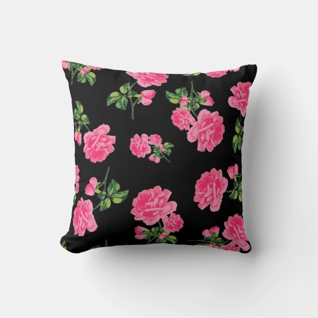 Pretty pink roses on black cushion (Front)