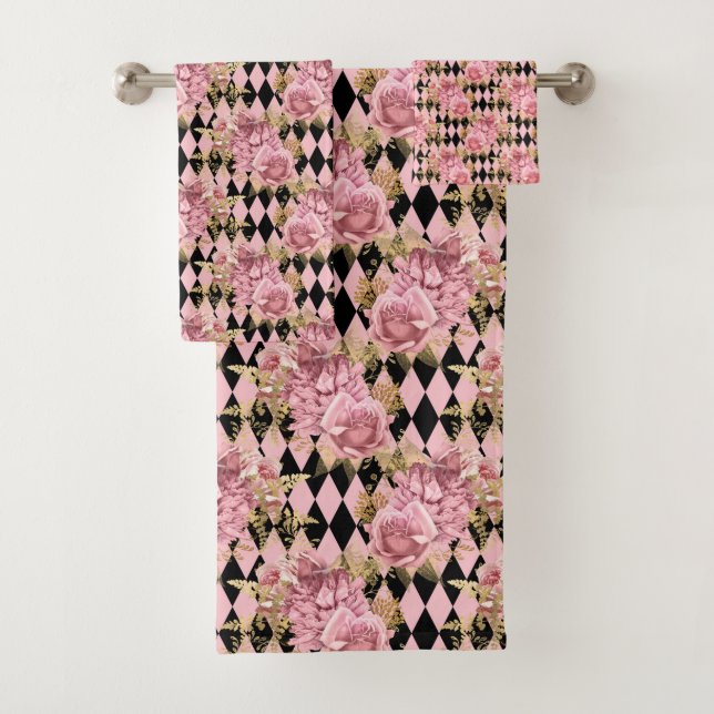 Pretty Pink Roses on Harlequin  Shower Curtain Bath Towel Set (Insitu)