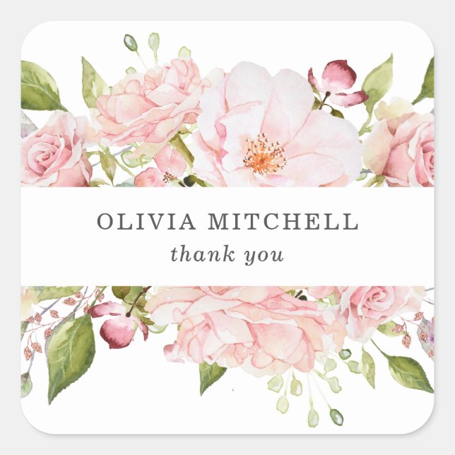 Pretty Pink Roses on White | Floral Square Sticker (Front)