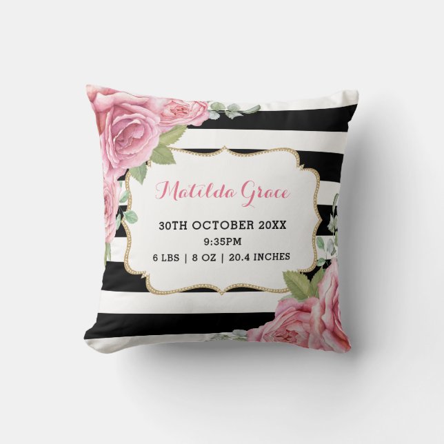 Pretty Pink Roses Paris Baby Girl Birth Stats Cushion (Front)