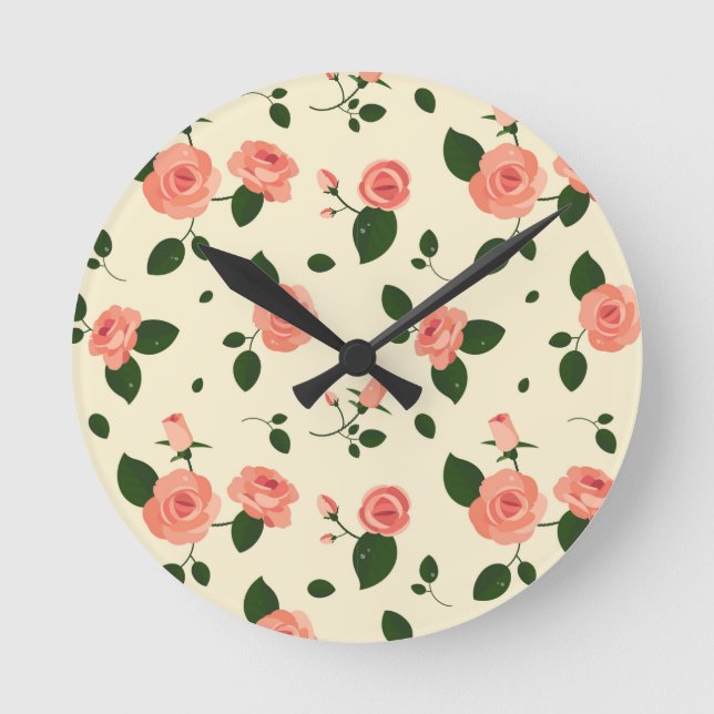Pretty Pink Roses Pastel Pink Pattern Round Clock (Front)