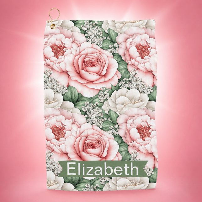 Pretty Pink Roses Personalised Golf Towel (Pretty Pink Roses Patterned Personalized Golf Towel For Women.)