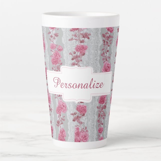 Pretty Pink Roses Personalized Floral Design Latte Mug (Front)