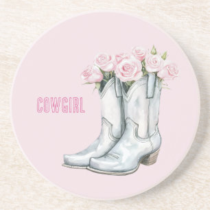Pretty Pink Roses Silver Cowgirl Boots Coaster