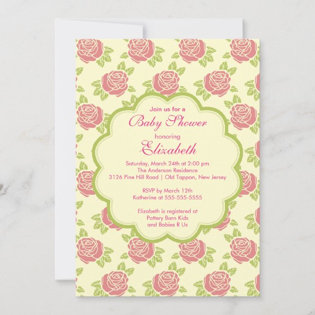 Pretty Pink Roses Spring Baby Shower Invitation (Front)