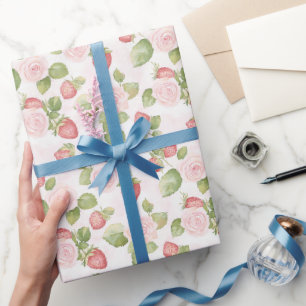 Pretty Pink Roses Strawberries Birthday Wrapping Paper