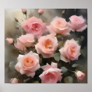 Pretty pink roses watercolor painting poster