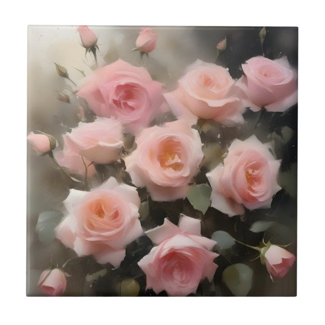 Pretty pink roses watercolor painting tile (Front)