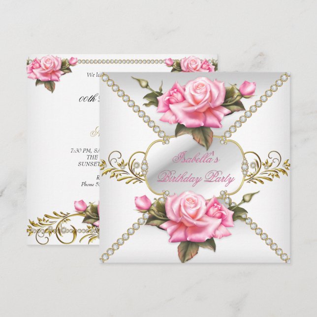 Pretty Pink Roses White Gold Birthday Party Invitation (Front/Back)