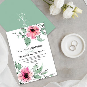 Pretty Pink Sage Green Floral Botanical Wedding Invitation