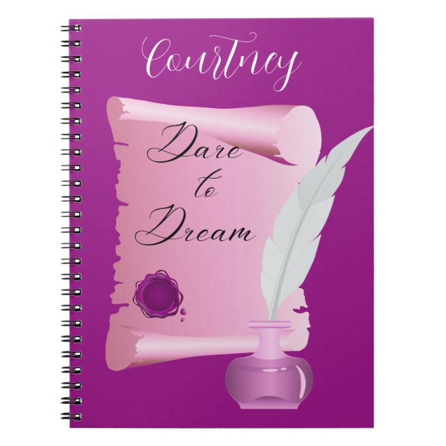 Pretty Pink Scroll & Feather "Dare to Dream"  Notebook (Front)