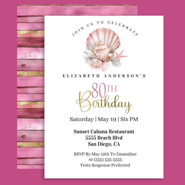 Pretty Pink Seashell and Pearls 80th Birthday Invitation (Creator Uploaded)