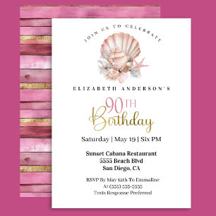 Pretty Pink Seashell and Pearls 90th Birthday Invitation