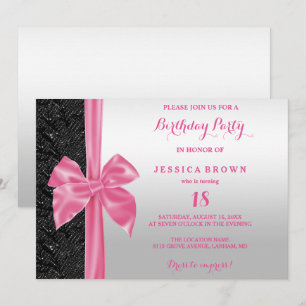 Pretty Pink Silk Bow Black Sequins 18th Birthday Invitation