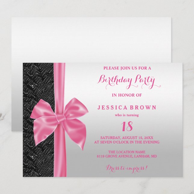 Pretty Pink Silk Bow Black Sequins 18th Birthday Invitation (Front/Back)