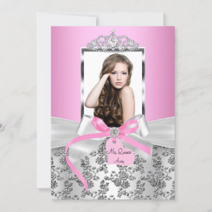 Pretty Pink Silver Bow & Rose Photo Quinceanera Invitation