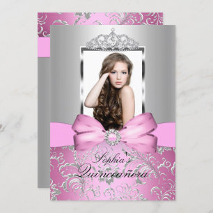 Pretty Pink Silver Bow & Tiara Quinceanera Invitation