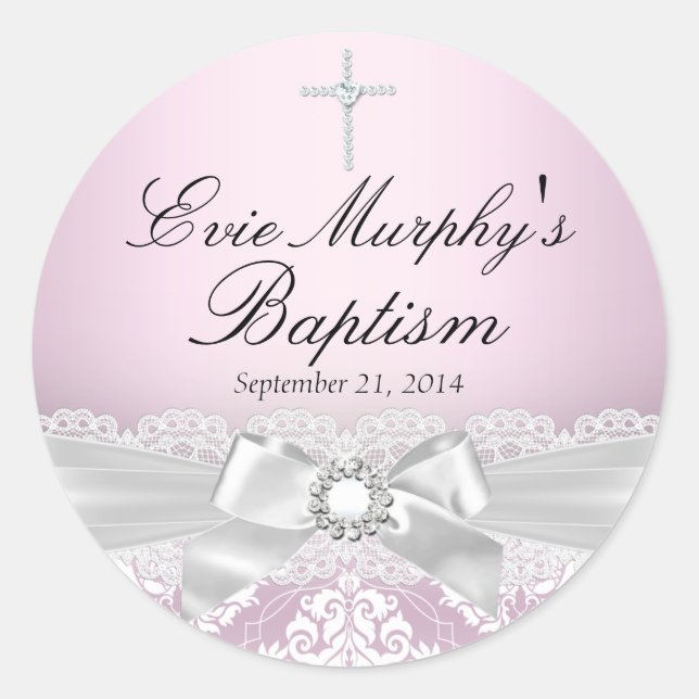Pretty Pink Silver Damask & Bow Baptism Sticker (Front)