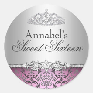 Pretty Pink & Silver Damask Sweet 16 Sticker