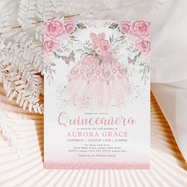 Pretty Pink Silver Quinceañera Princess Dress Invitation (Creator Uploaded)