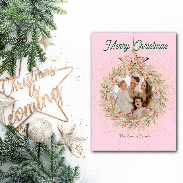 Pretty Pink Sparkle Christmas Custom Photo Holiday Card (Creator Uploaded)