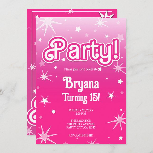 Pretty Pink Sparkle Stars Party Photo Invitation (Front/Back)
