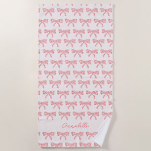 Pretty pink striped bow name beach towel