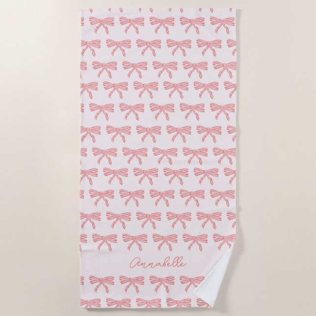 Pretty pink striped bow name beach towel (Front)