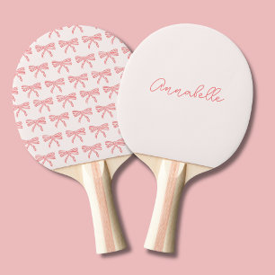 Pretty pink striped bow name ping pong paddle