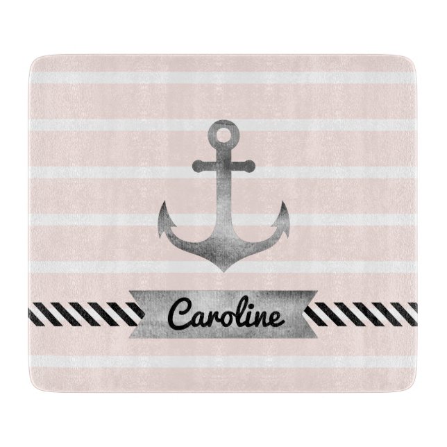 Pretty Pink Stripes Watercolor Anchor Custom Cutting Board (Front)