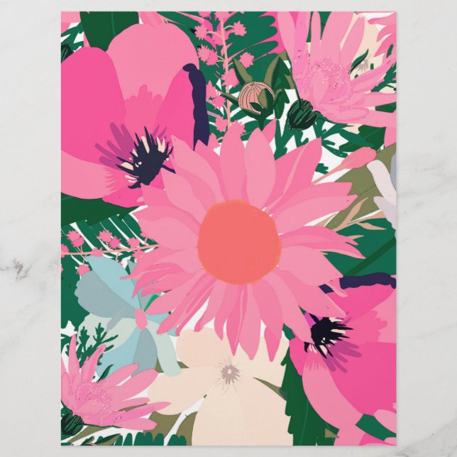 Pretty Pink Sunflowers and Poppy Floral Design Custom Letterhead (Front)