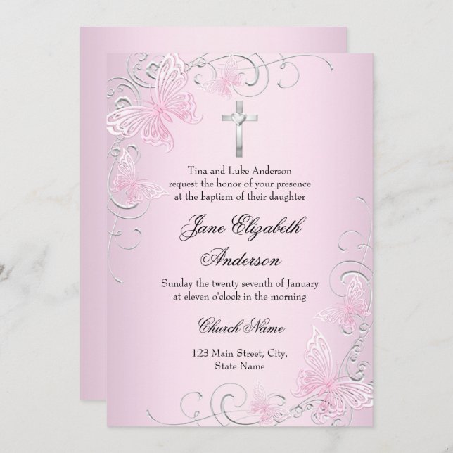 Pretty Pink Swirl Butterfly & Cross Baptism Invite (Front/Back)