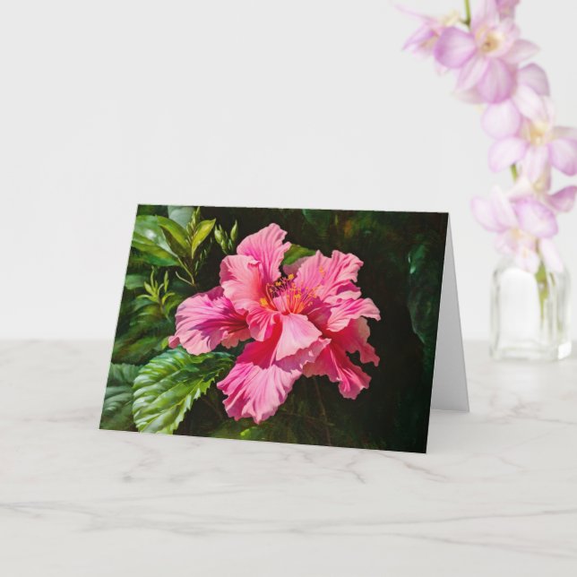 Pretty Pink Tropical Hibiscus Flower Art Note Card (Orchid)