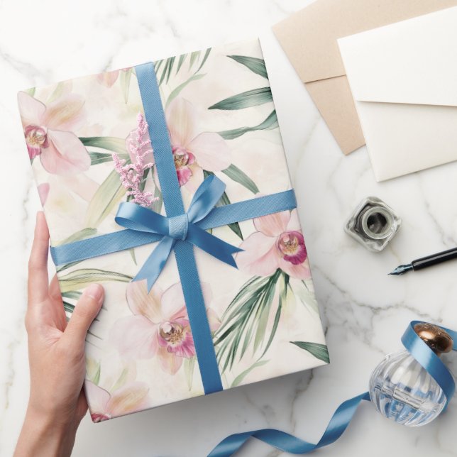 Pretty Pink Tropical Orchid Flowers Bridal Shower Wrapping Paper (Gifting)