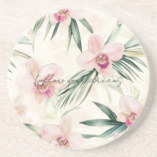 Pretty Pink Tropical Orchid Flowers Coaster (Front)