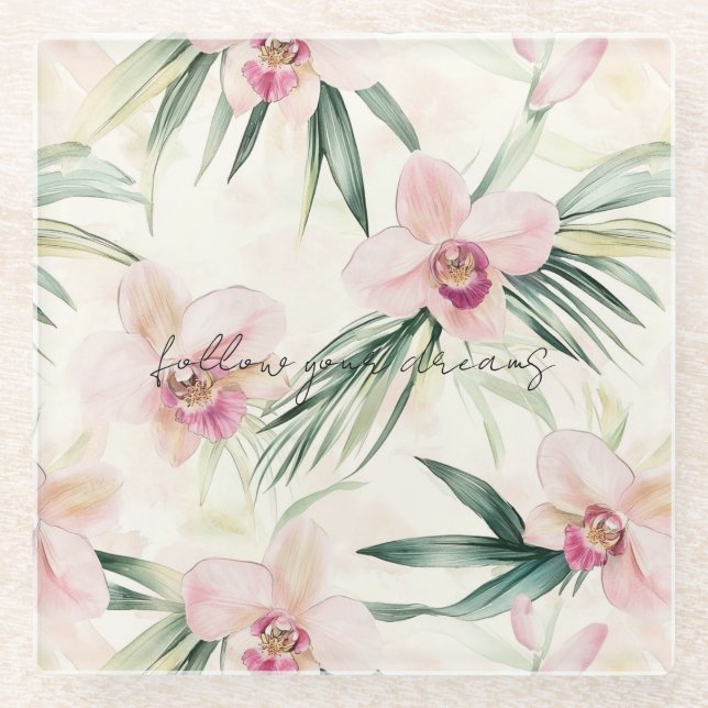 Pretty Pink Tropical Orchid Flowers Glass Coaster (Front)