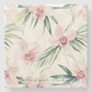 Pretty Pink Tropical Orchid Flowers Stone Coaster