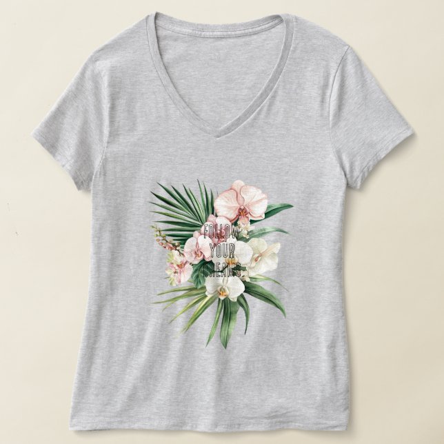 Pretty Pink Tropical Orchid Flowers T-Shirt (Laydown)