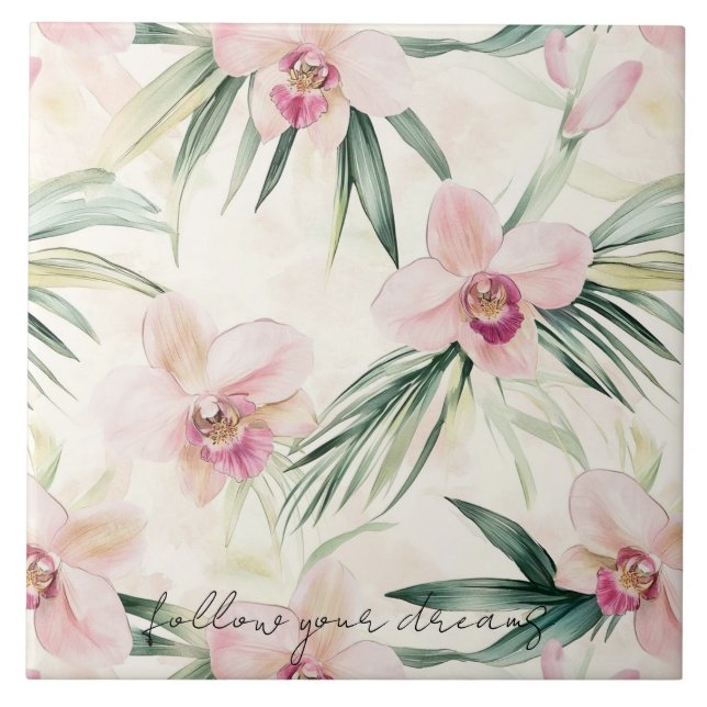 Pretty Pink Tropical Orchid Flowers Tile (Front)