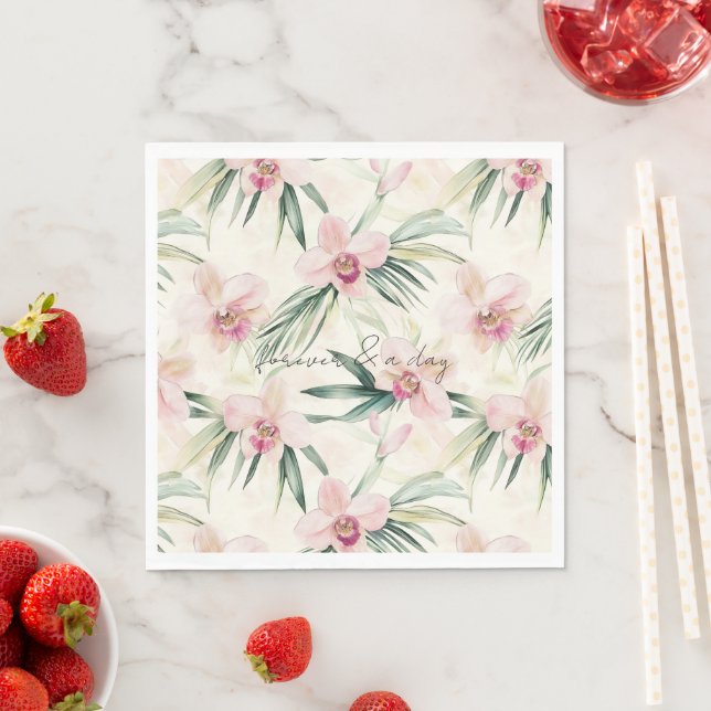 Pretty Pink Tropical Orchid Flowers Wedding Napkin (Insitu)