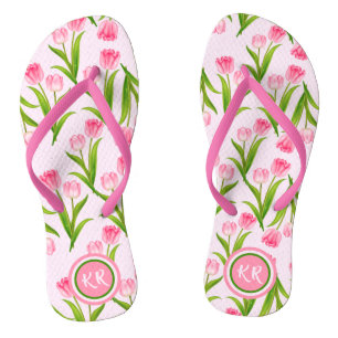 Pretty Pink Tulip Floral Flowers Leaves Monogram F Jandals
