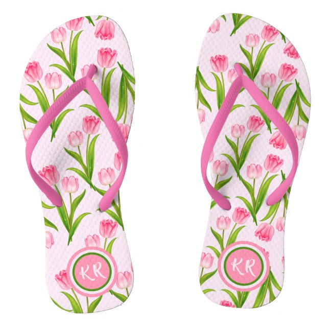 Pretty Pink Tulip Floral Flowers Leaves Monogram F Jandals (Footbed)