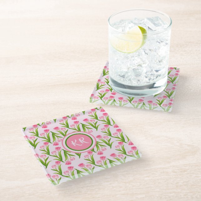 Pretty Pink Tulip Floral Flowers Leaves Monogram  Glass Coaster (Angled)