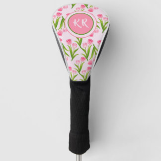 Pretty Pink Tulip Floral Flowers Leaves Monogram Golf Head Cover