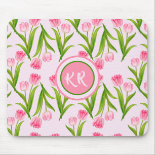 Pretty Pink Tulip Floral Flowers Leaves Monogram  Mouse Pad