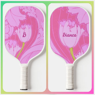 Pretty Pink Tulip Floral with Name and Initials Pickleball Paddle
