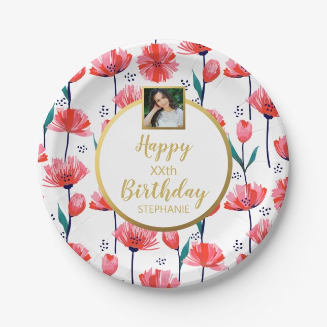 Pretty Pink Tulip Flowers, Birthday, Custom Photo Paper Plate (Front)