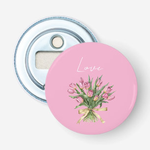 Pretty Pink Tulip Flowers Gold Bow Love Bottle Opener