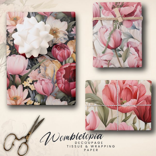 Pretty Pink Tulip Garden | Watercolor Decoupage Wrapping Paper Sheet (Creator Uploaded)