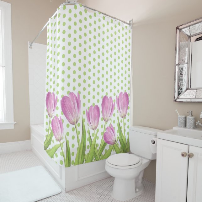 Pretty Pink Tulips and Green Dots Elegant Floral  Shower Curtain (In Situ)